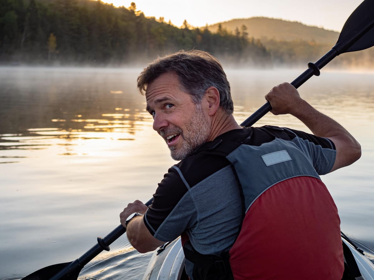 A man kayaking on a calm lake, turning his head freely to look over his shoulder