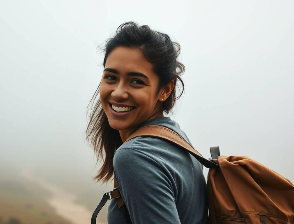 A smiling woman with a backpack on a misty trail